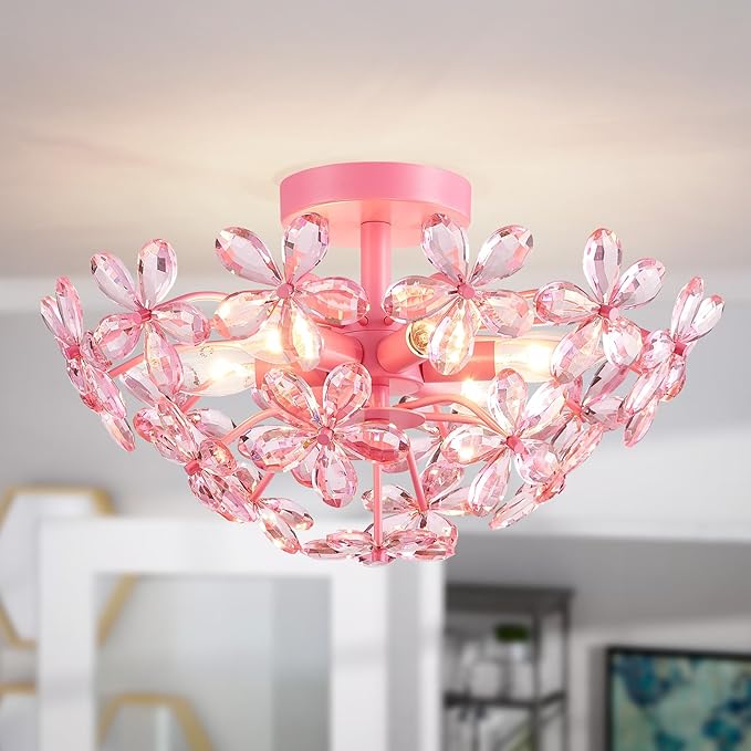 WUZUPS Crystal Chandelier Flushmount Ceiling Light Modern Lighting Fixture for Bedroom Hallway Bar Kitchen Bathroom, H 8.9" x W 17.7", Pink, E12 Base