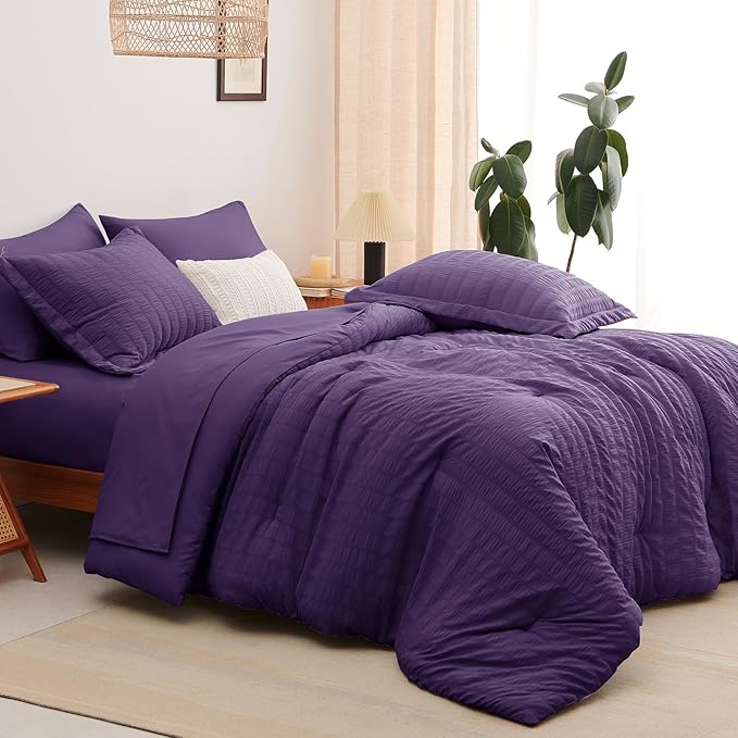 CozyLux Full Size Comforter Sets with Sheets 7 Pieces, Purple Seersucker Bed in a Bag Textured Luxury Soft Bedding Set with Down Alternative Comforter, Sheets, Pillowcases & Shams for All Seasons