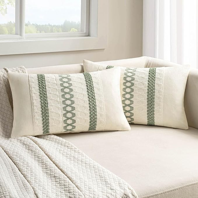 MIULEE Set of 2 Sage Green Boho Decorative Lumbar Pillow Covers 12x24 Inch | by MIULEE
