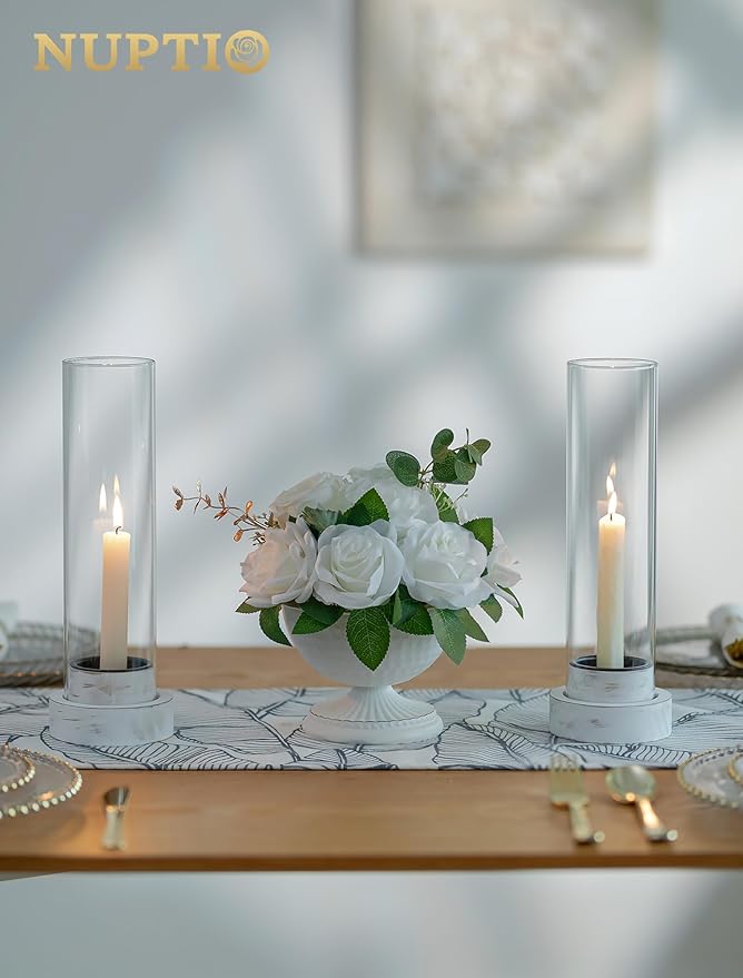 NUPTIO Dripless Candlestick Holders with Wax Catchers: Set of 2 Hurricane Glass Candle Holders with Metal Bobeches for Easier Reuse - White Wood Farmhouse Home Decor for Christmas Fireplace