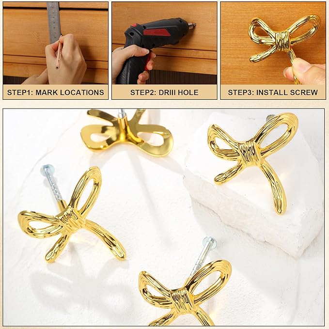 8 Pcs Bow Knobs for Dresser Matel Bow Drawer Knobs Vintage Dresser Handles Cabinet Drawer Pulls for Home Bedroom Kitchen Cabinets Hardware Cupboard (Gold,Classic Style)