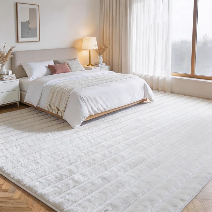 White Rabbit Striped Plush Rug 8'x10', Fluffy Shaggy Area Rug - Image 2