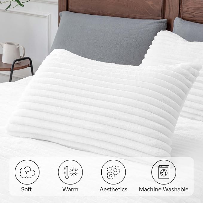 BEDELITE Fleece California King Comforter Set -Super Soft & Warm Fluffy Bright White Bedding, Luxury Fuzzy Heavy Bed Set for Winter with 2 Pillow Cases