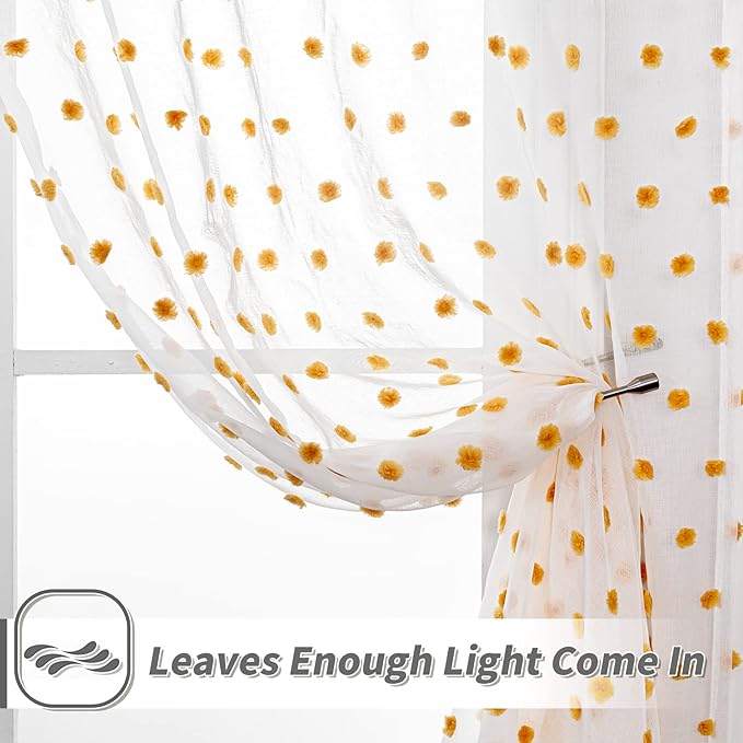 MYSKY HOME Burnt Orange Pom Pom Curtains for Bedroom, Small Windows, Light Filtering, White Sheer, Short Cafe, Bathroom Privacy, Rod Pocket, 52 x 45 inch, 2 Panels