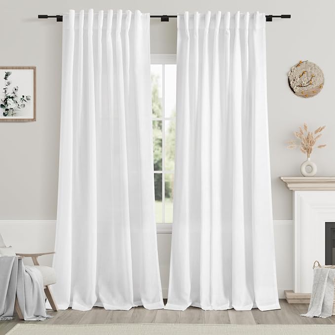 White Linen Curtains 84 Inch Length 2 Panels Set by Nanspring