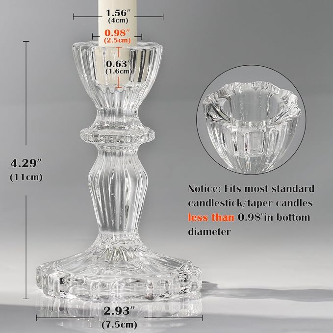 Glass Candlestick Holders Set 6PCS, Clear Taper Candle Holders Bulk, Crystal Tall Candle Holder for Table Centerpieces, Fall, Christmas, Autumn, Thanksgiving Decor