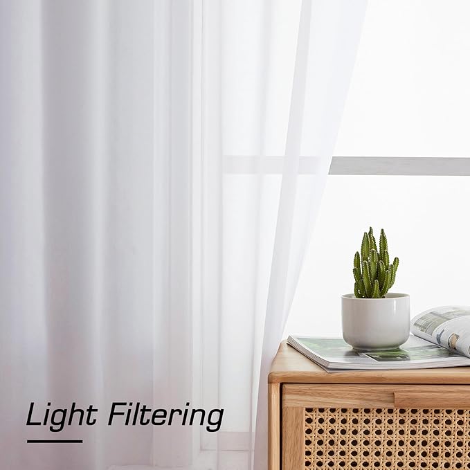 Simplebrand Sheer White Curtains 63 Inch Length 2 Panels, Rod Pocket Solid - Image 2