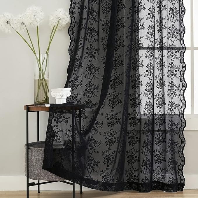 YJ YANJUN Vintage Lace Curtains 72 inch Length Goth Black Floral Sheer by YJYANJUN