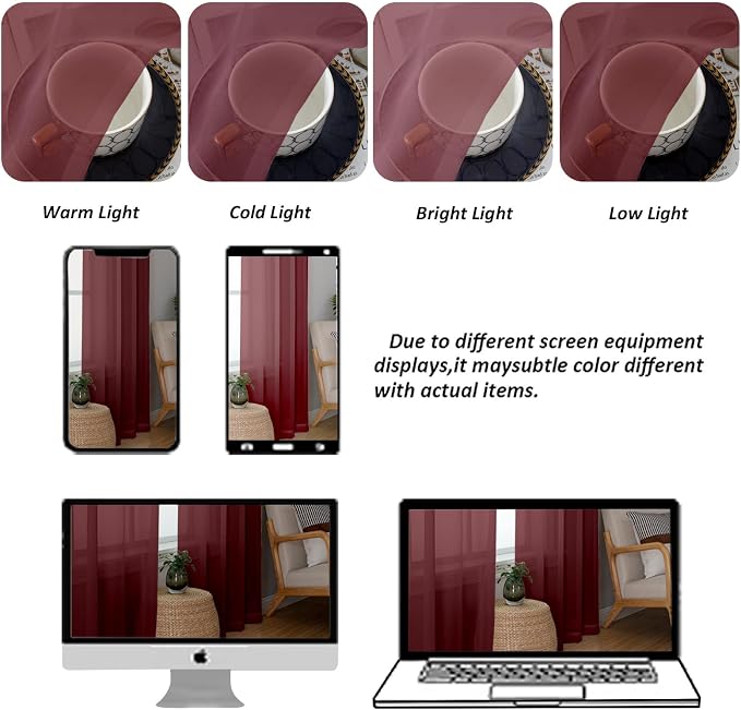 Chyhomenyc Sheer Curtains 63 Inch Length 2 Panels, Burgundy | Light Filtering - Image 8