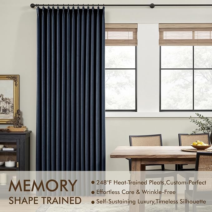 MIULEE Navy Blue Pinch Pleated 100% Blackout Linen Curtains 40x84 Inches | Room - Image 3