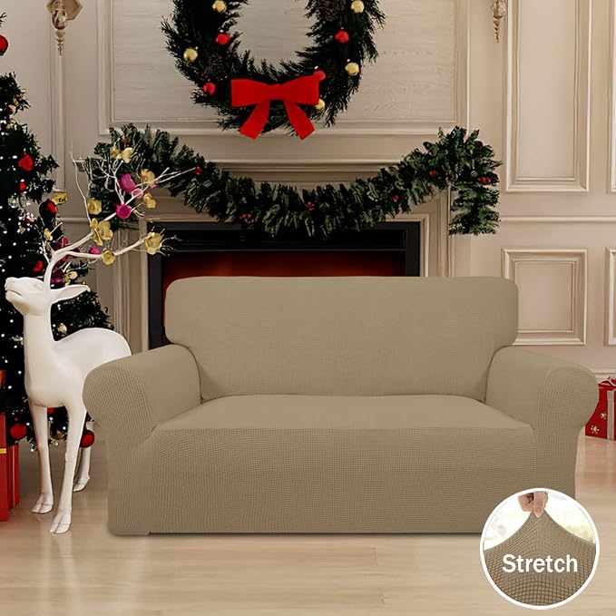 Easy-Going Stretch Loveseat Couch Covers Washable Tan | 1-Piece Loveseat Covers - Image 2