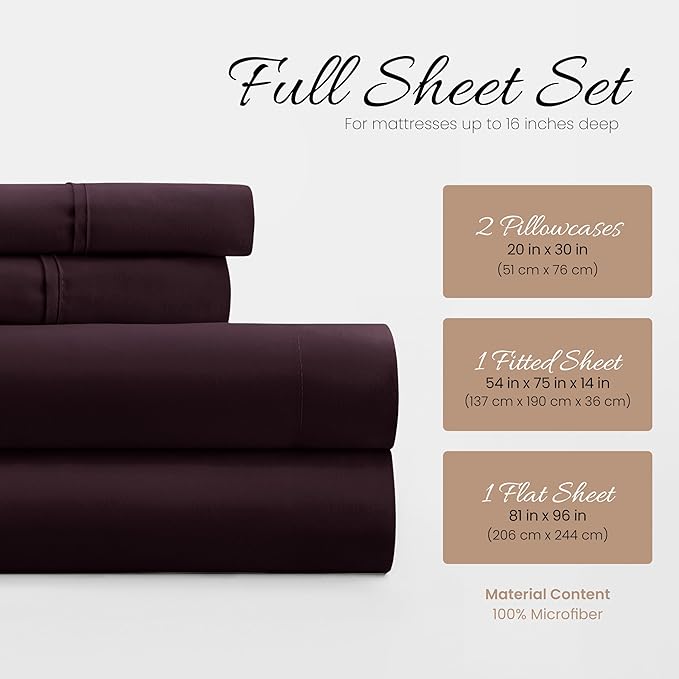 Linen Market Double-Brushed Microfiber Full Sheet Set 4 Piece – Oeko-TEX Certified Ultra Soft & Wrinkle-Free - 16" Deep Pocket Sheets - Easy Care Full Size - Purple