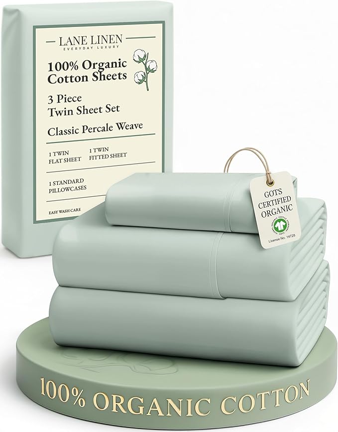 LANE LINEN 100% Organic Cotton Twin Bed Sheet Set, Soft & Comfy Low Pill Fade Resistant Machine Wash Reinforsed French Seam Sustainably Produced Eco Friendly Sábanas Twin- Cool Blue