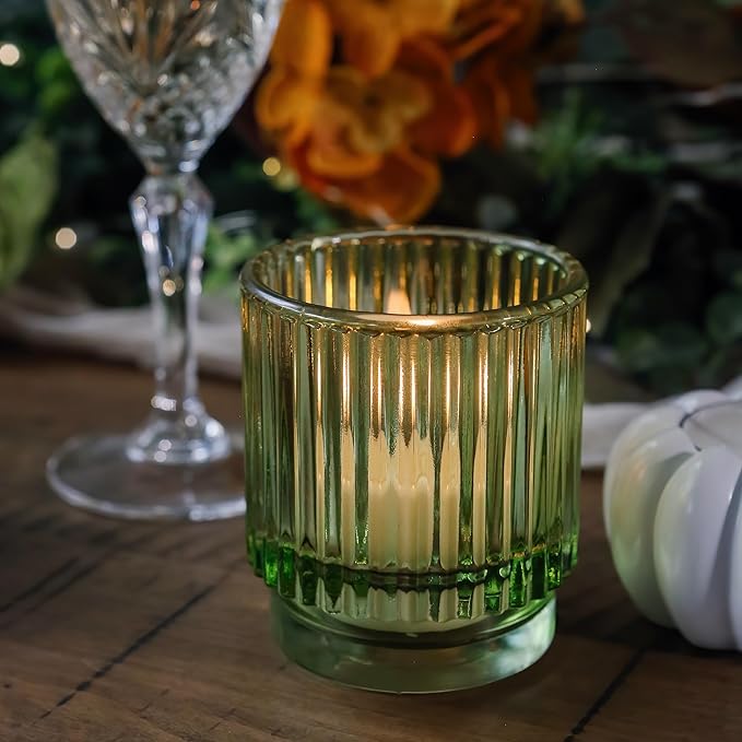 Kate Aspen Vintage Ribbed Glass Candle Holder Decor, Green Votive Candle Holders for Holiday Table Decor, Tealight Candles Holder Glass, Dinning & Christmas Table Decoration Tablescape (Pack of 36)