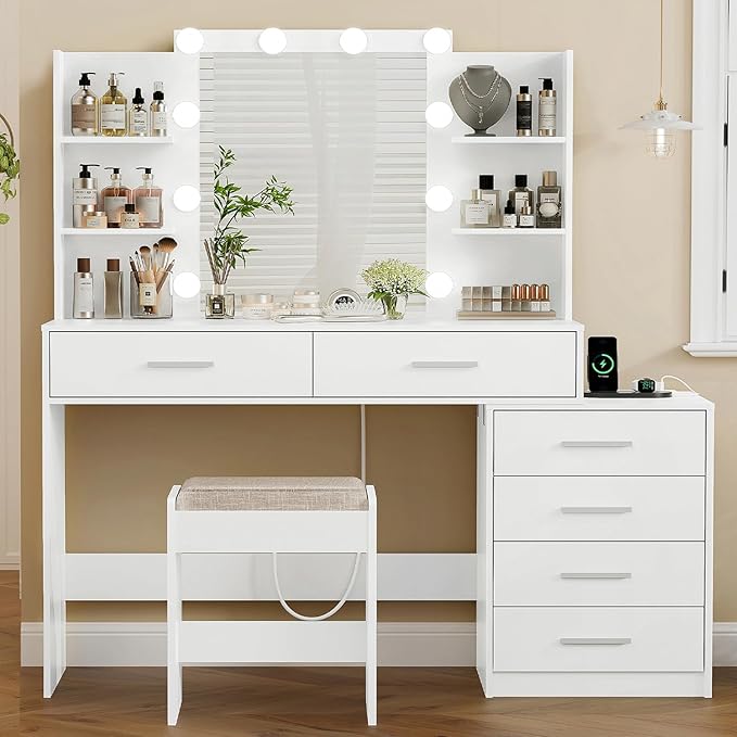 Quimoo 48" Large Vanity Desk with Mirror & Lights, Makeup Vanity Table with 6 Drawers & Power Outlet, 4 Open Storage Shelves, Vanity Desk Set with Stool, for Women Girls, White
