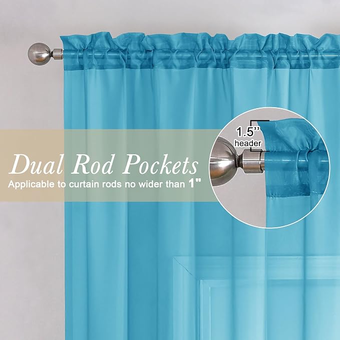 Turquoise Sheer Curtains 54 Inch Length 2 Panels, Light Filtering Voile Curtain - Image 2