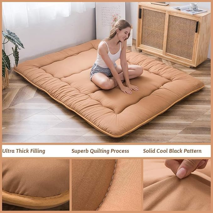 MAXYOYO Japanese Floor Mattress Futon Mattress, Thicken Tatami Mat Sleeping Pad Foldable Roll Up Mattress Guest Mattress Pad Kids Floor Lounger Bed, Light Brown, Twin