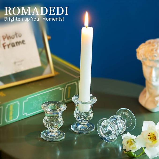 Romadedi Glass Taper Candle Holders - Set of 10 Clear Small Candlestick Holder Bulk, Thicker Glass Candle Sticks Set for Wedding Christmas Party Dining Table Table Centerpiece Decor
