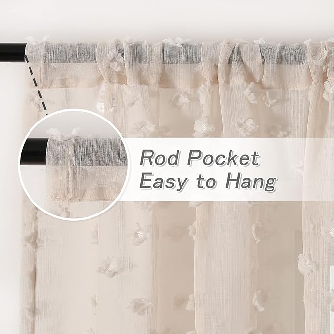 MYSKY HOME Beige Sheer Short Curtains with Pom Pom for Small Windows Bedroom Nursery Kids Girls Room Curtains Cafe Kitchen Light Filtering Boho Drapes, Rod Pocket,52 x 45 Inches, 2 Panels