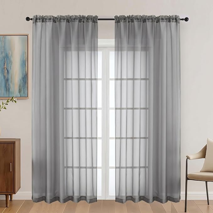 Charcoal Grey Sheer Curtains 84 Inches Long 2 Panels Set, Light Filtering Sheer by OVZME