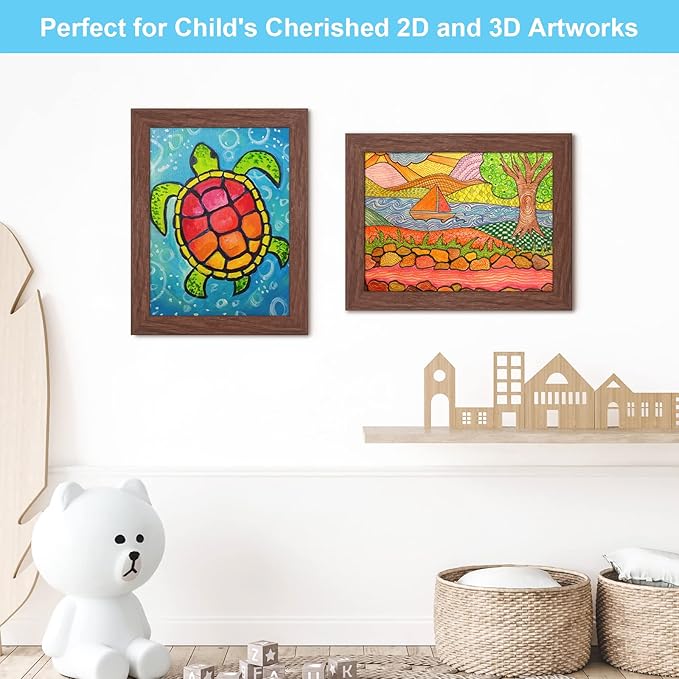 [3-Pack] Kids Art Frames, 8.5x11 Front Opening Kids Artwork Frames Changeable, Brown Artwork Display Storage Frame for Wall, Holds 50 Pcs, for 3D Picture, Crafts, Hanging Art, Portfolio