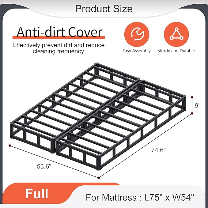 9 Inch Split Full Size Box Spring Metal High Profile Box Spring Full Size Bed with Fabric Cover, Heavy Duty, Mattress Foundation, Easy Assembly, Noise Free