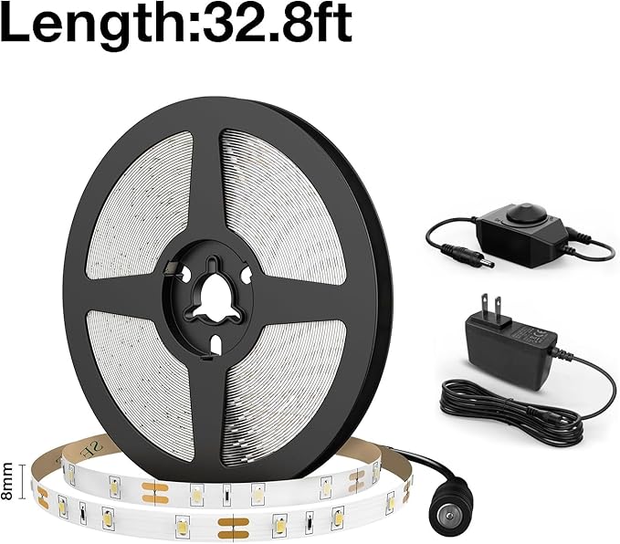 Olafus White LED Strip Lights, 32.8ft Dimmable Vanity Light, 6000K Daylight White LED Tape Lights with UL Listed Adapter, 12V 600 LEDs for Bedroom Kitchen TV Mirror Stair