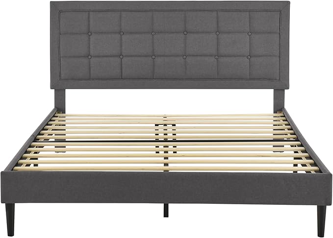 Decoro Mornington Upholstered 2.0 Platform Bed, Button-Tufted Fabric Headboard and Metal Frame with Wood Slat Support, Light Grey, Full