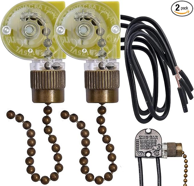 Ceiling Fan Light Switch Zing Ear ZE-109 Two-Wire with Pull Cords,On/Off Control Light Switch for Ceiling Fans, Lamps & Wall Lights – Compatible with Harbor Breeze Replacement Parts, (2-Pack, Bronze)