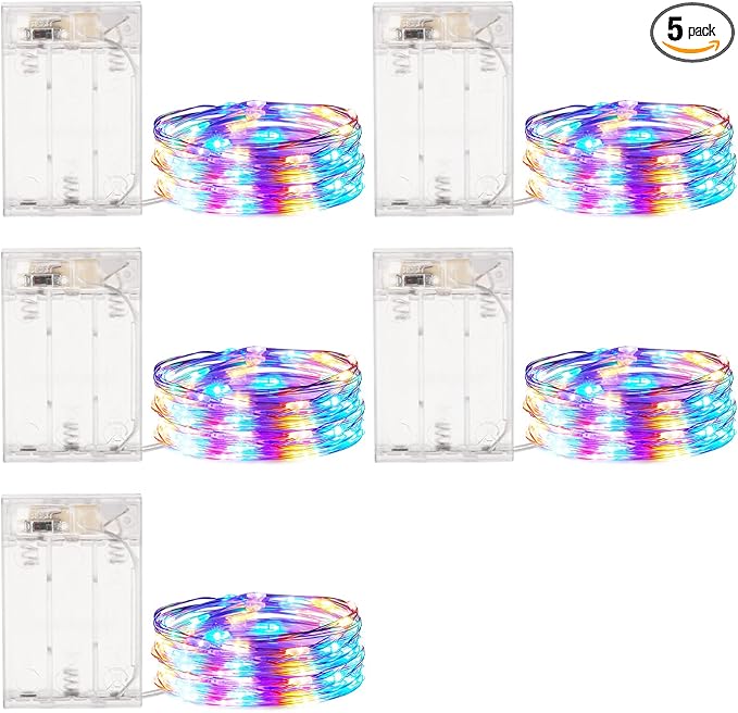 Minetom Fairy Lights Battery Operated, 5 Pack 7 FT 20 LED String Lights with Timer, Waterproof Silver Wire Fairy Lights for Bedroom Christmas Home Party Wedding Decorations, Multicolor