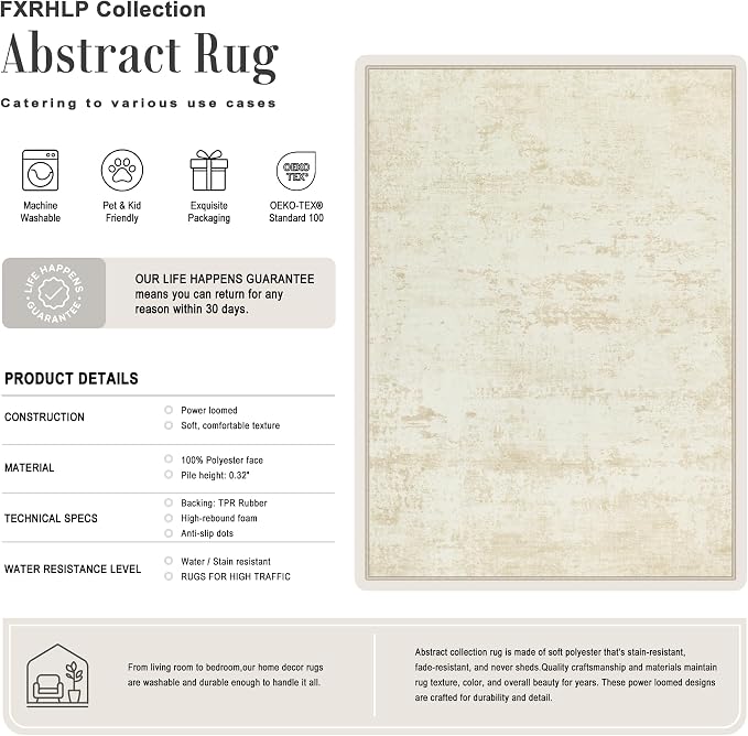 8x10 Area Rug Living Room: Modern Washable Indoor Soft Carpet Beige | - Image 2