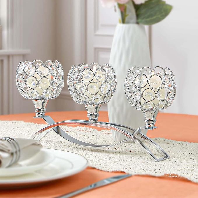 Crystal Tealight Candle Holder Centerpiece Home Decorative Candlestick Holder Elegant Table Centerpiece Home Decor Wedding Party Anniversary (Silver, 3 Arm)