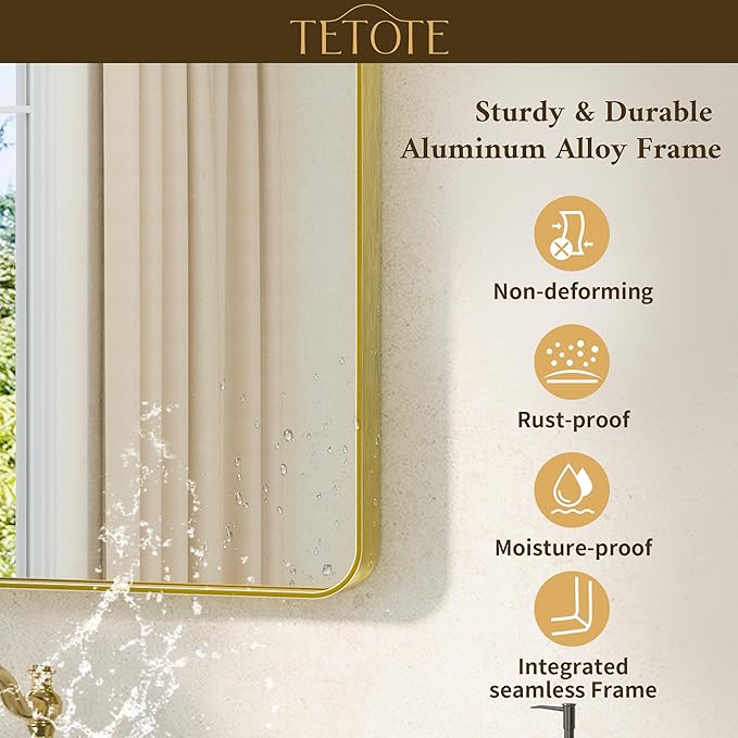 TETOTE 24 x 30 Gold Bathroom Mirror Brushed Gold Metal Framed Vanity Mirror, Tempered Glass, Wall Mounted for Bathroom, Entryway, Bedroom, Living Room(Horizontal/Vertical)