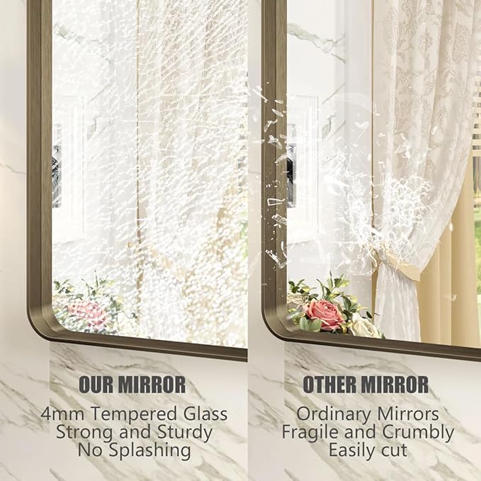 44x36 Bronze Bathroom Mirror, Brushed Metal Bathroom Vanity Mirrors for Wall, Rounded Corner Bronze Rectangle Mirror for Farmhouse, Bedroom, Anti-Rust (Horizontal/Vertical)
