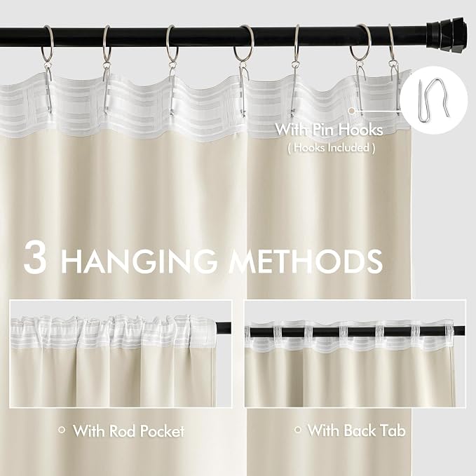 MIULEE Beige White Back Tab Blackout Curtains 52x102 Inch Long 2 Panels Set | - Image 3