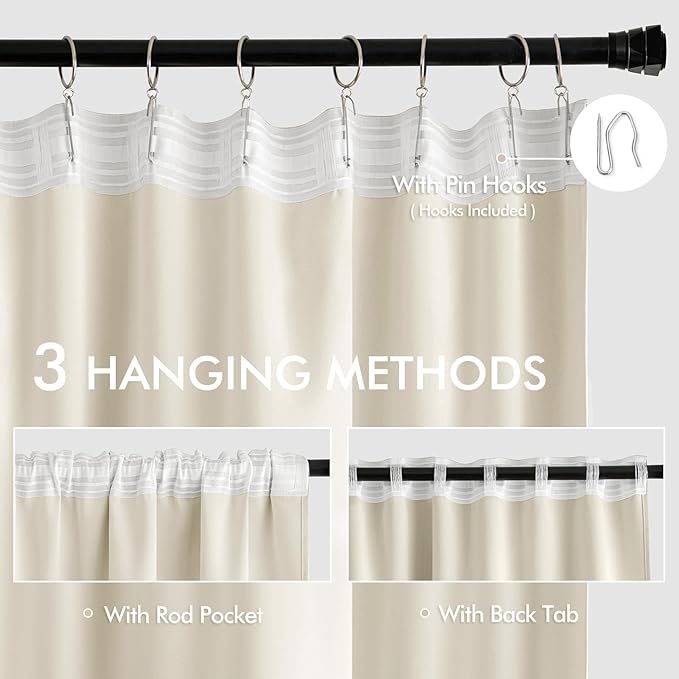 MIULEE Beige White Back Tab Blackout Curtains 52x72 Inches Long 2 Panel Set | - Image 3
