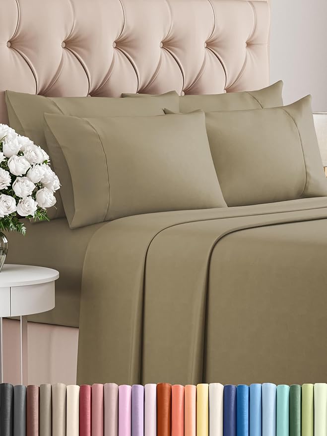 King Sheets Set 6 Piece - Includes 4 Pillowcases - Bed Sheets King Size - Soft Hotel Luxury Bedding - Cooling, Comfy, Fade Free & Breathable - 1 Flat & 1 Fitted & 4 Pillowcases w/ Deep Pockets - Khaki