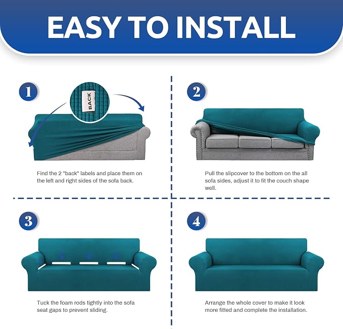 Stretch Couch Covers for Sofa, 3 Cushion Couch Slipcover, Peacock Blue - Image 7