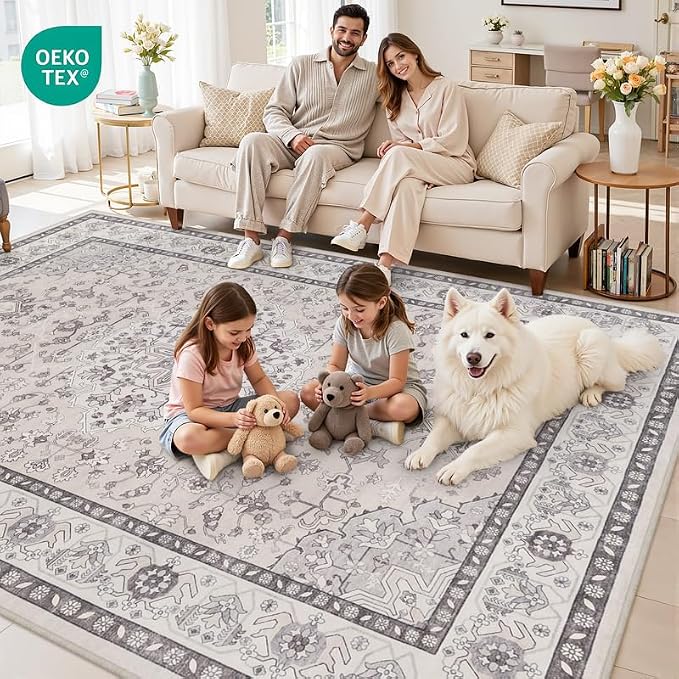 8x10 Area Rugs Living Room: Bedroom Washable Carpet Beige & Grey | Large - Image 7