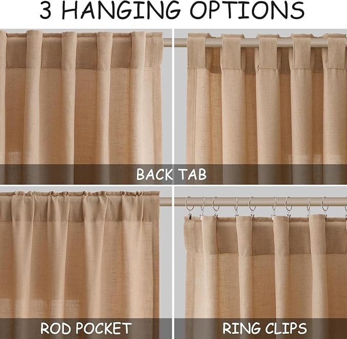 Camel Linen Curtains for Living Room Extra Long 132 Inches Long Back Tab Light - Image 2