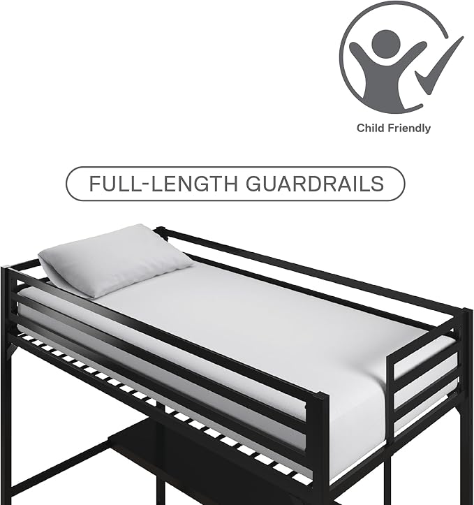 DHP Miles Metal Twin Loft Bed with Desk, Black