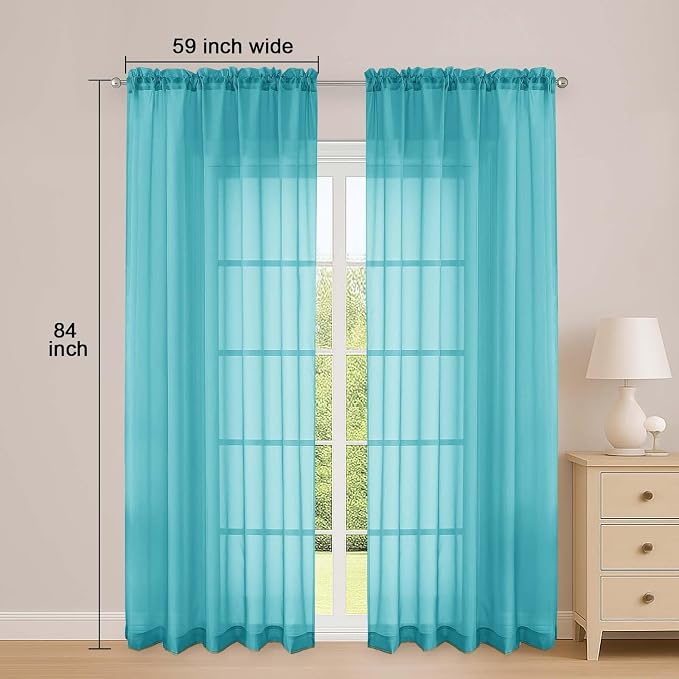 Sheer Curtains 84 Inches Long 2 Panels Set, Sheer Turquoise Curtains - Image 2