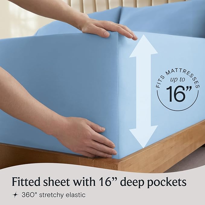 LuxClub 4 PC Queen Sheet Set, Deep Pockets Wrinkle Free Cooling Bed Sheets Hotel Bedding for Women, Men, Kids & Teens, Includes 1 Fitted Sheet, 1 Flat Sheet and 2 Pillowcases - Silky Soft Sky
