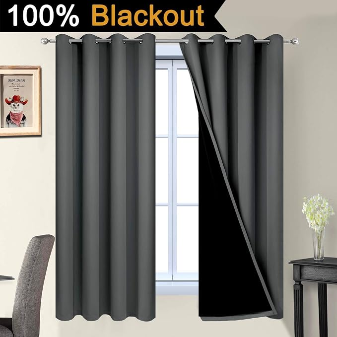 Yakamok Dark Grey 100% Blackout Curtains 63 Inches Long 52" Wide 2 Panels | - Image 2