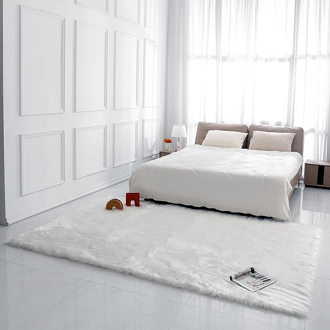 linmopm Faux Fur Rug White Sheepskin Shag 6x9 ft Rectangle | Fluffy Fuzzy - Image 3