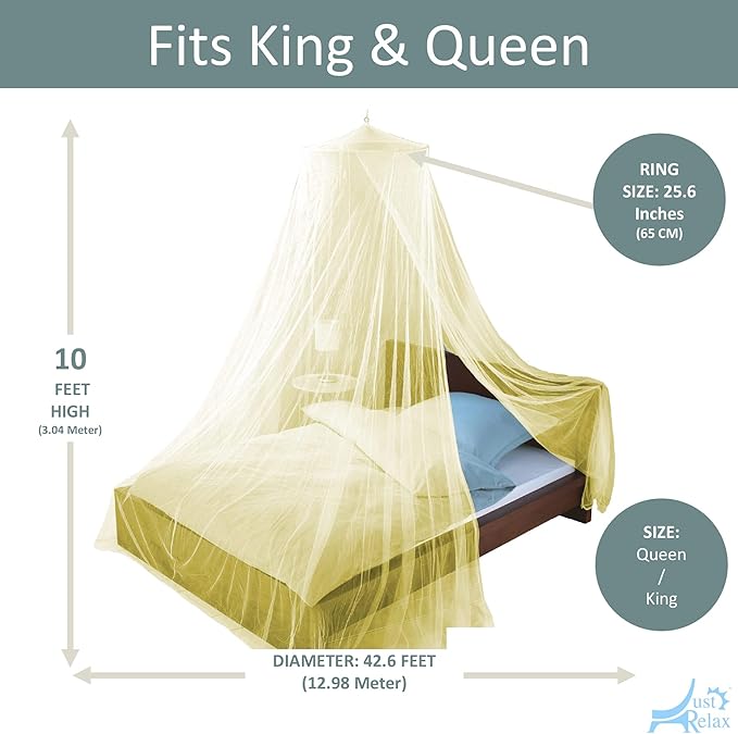 Just Relax Decorative Elegant Bed Net Canopy Set Including Full Hanging Kit, Ideal for Indoors or Outdoors, Intended for Covering Beds, Cribs, Hammocks (Yellow, Queen/King)