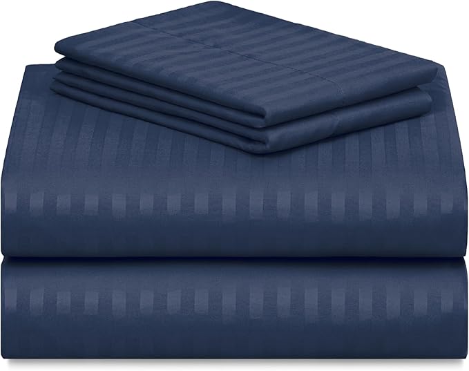 LuxClub 4 PC King Size Sheet Set Bed Sheets, Breathable Luxury Deep Pockets Wrinkle Free Cooling Sheets Machine Washable Hotel Bedding (King, Striped Navy)