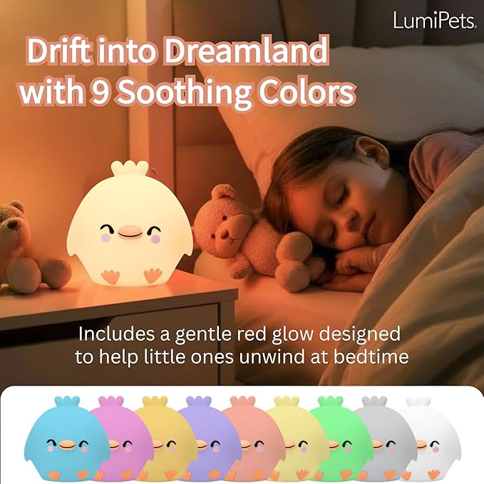 Lumipets Clara The Chick Squishy Silicone Night Light for Kids | Cute Night Light with Remote & Touch Control for Baby & Toddler Bedrooms | Color Changing Portable Animal Nightlight | Soft Mood Lamp