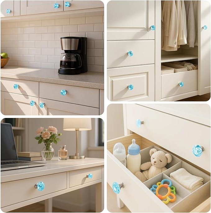 DEELF 30 Packs Kitchen Cabinet Knobs, 30 mm Crystal Cabinet Knobs, Diamond Dresser Handle Drawer Pulls, Dresser Knobs for Cabinets and Drawers, Light Blue