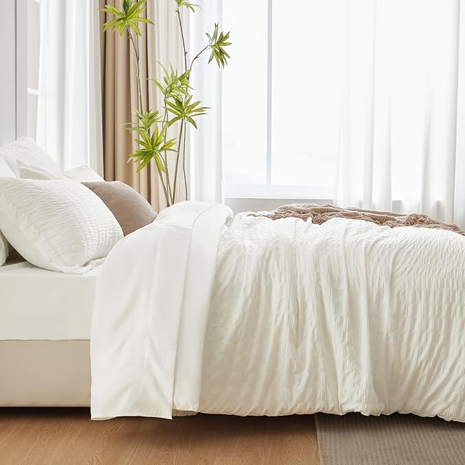 CozyLux King Size Comforter Set Ivory Seersucker 7 Pieces Bed in a Bag King Comforter Set with Sheets, Luxury Soft Bedding Set with Down Alternative Comforter, Sheets, Pillowcases & Shams All Seasons